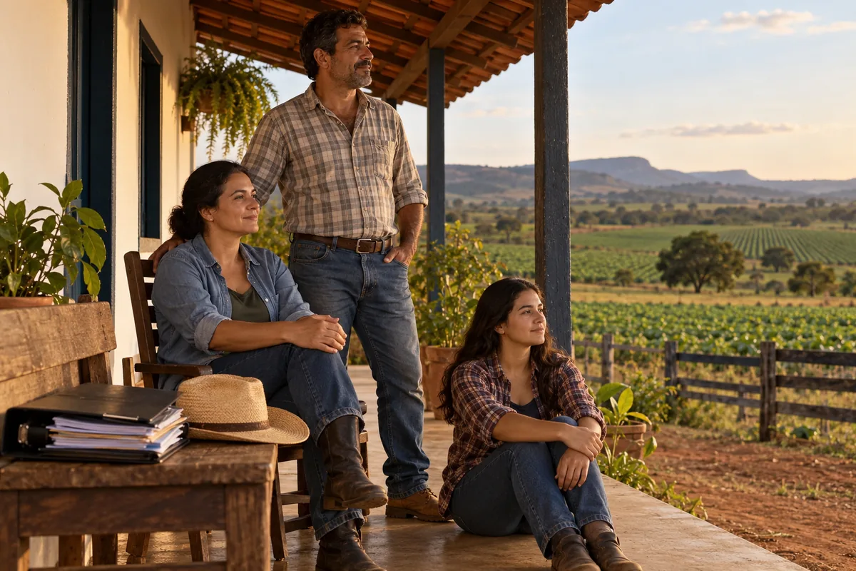 Três adultos estão na varanda de uma casa rural, com pasta e chapéu sobre um banco.