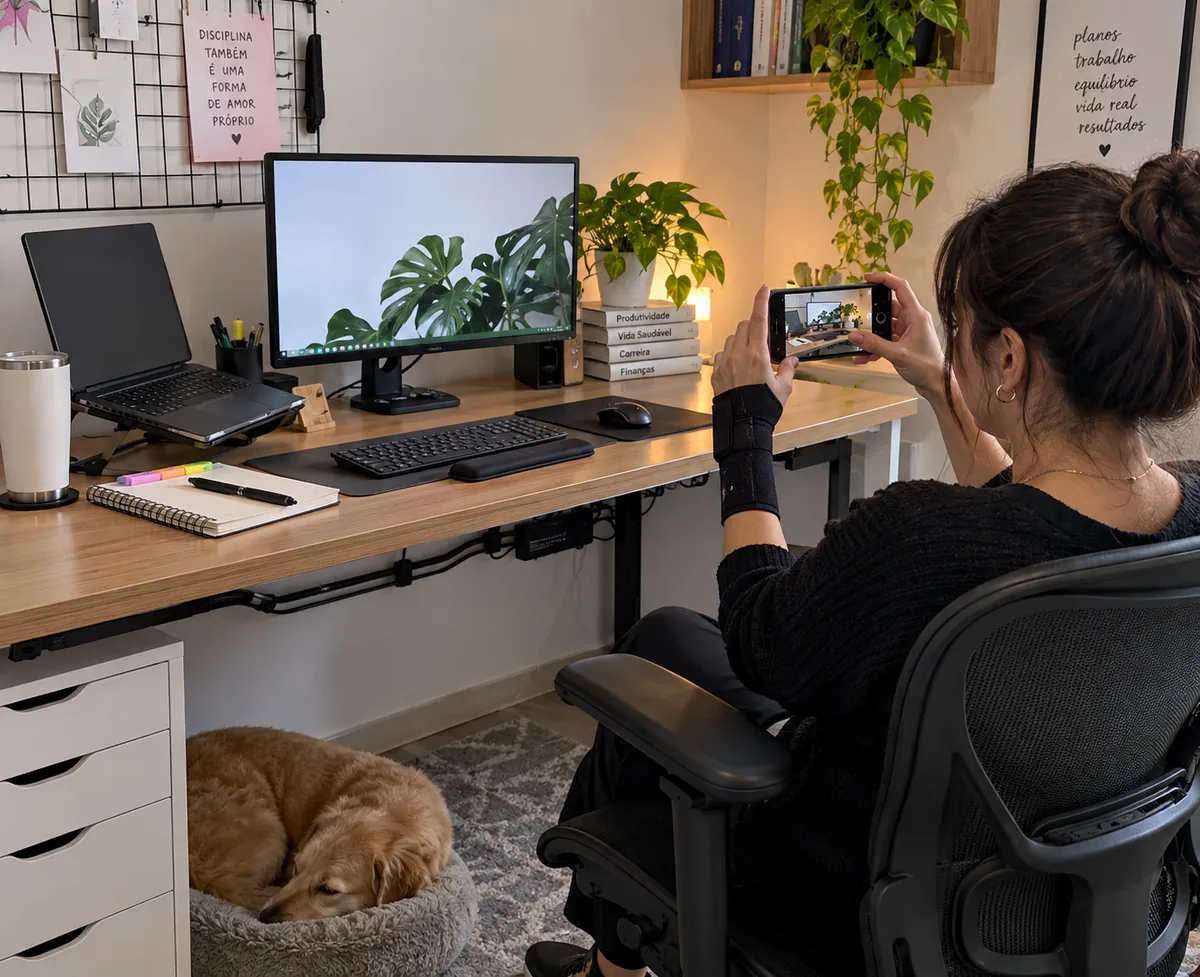 Mulher com suporte no punho fotografa com o celular a disposição de sua mesa de trabalho em casa.