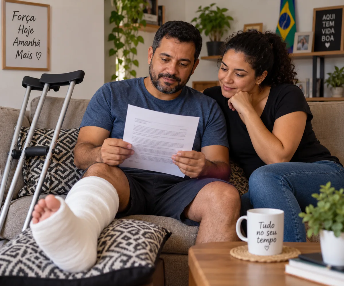 Homem com a perna imobilizada e mulher leem um documento sentados no sofá.