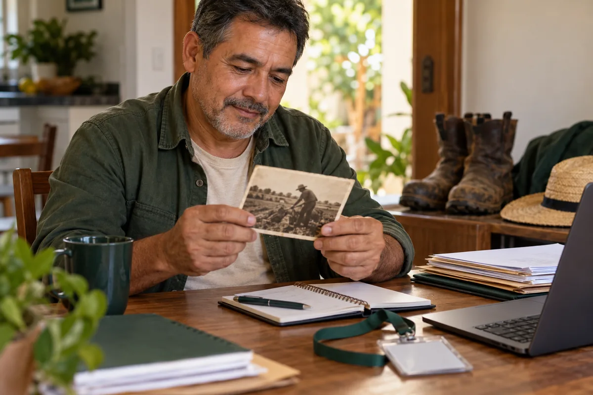 Homem observa uma fotografia antiga entre documentos e objetos de trabalho rural.