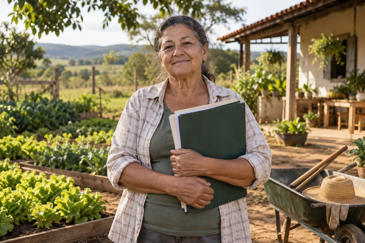 Agricultora segura uma pasta em uma pequena propriedade com horta.