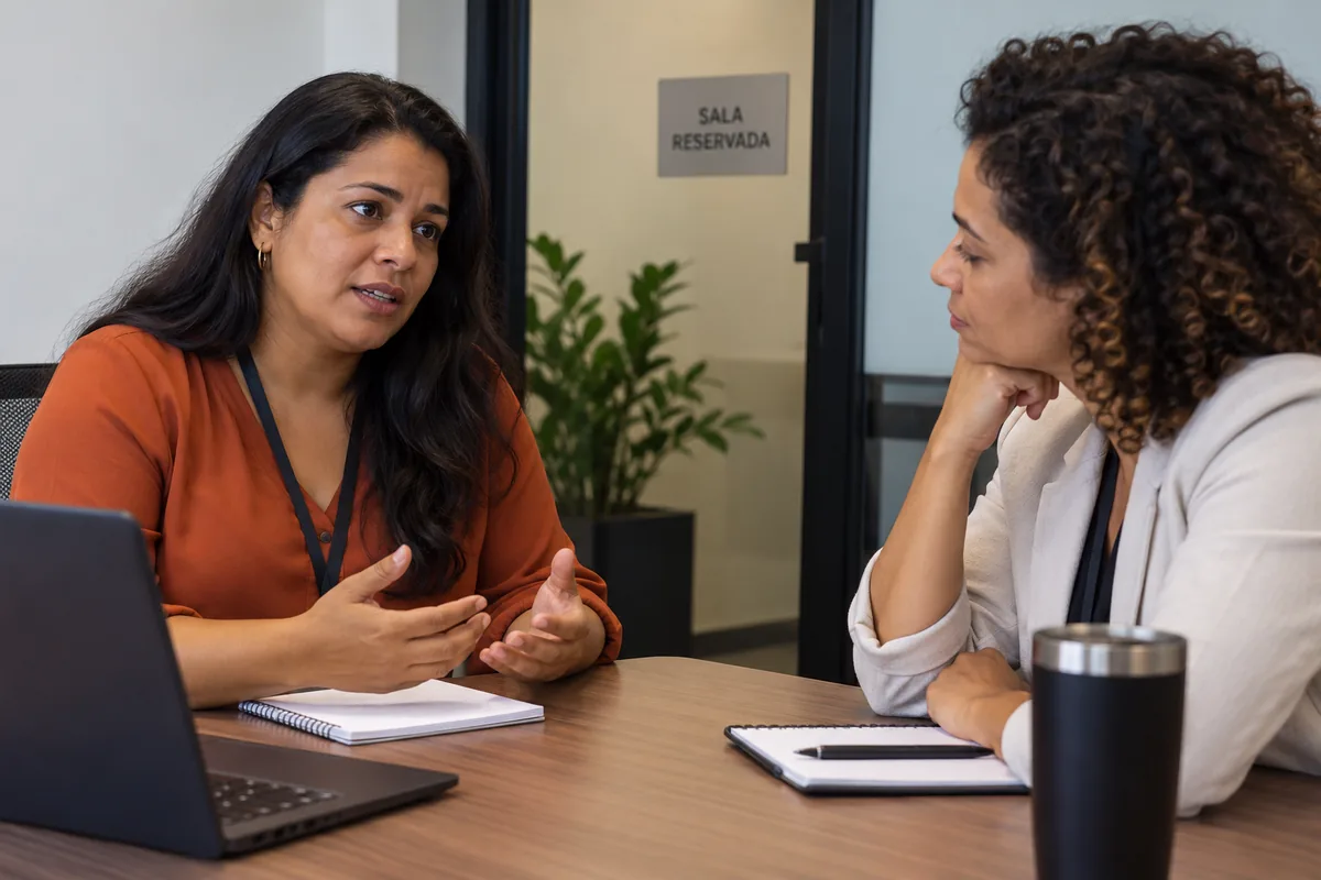 Duas mulheres conversam com atenção em uma sala reservada.