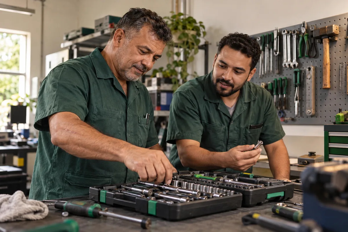 Dois trabalhadores examinam ferramentas em uma bancada de manutenção.