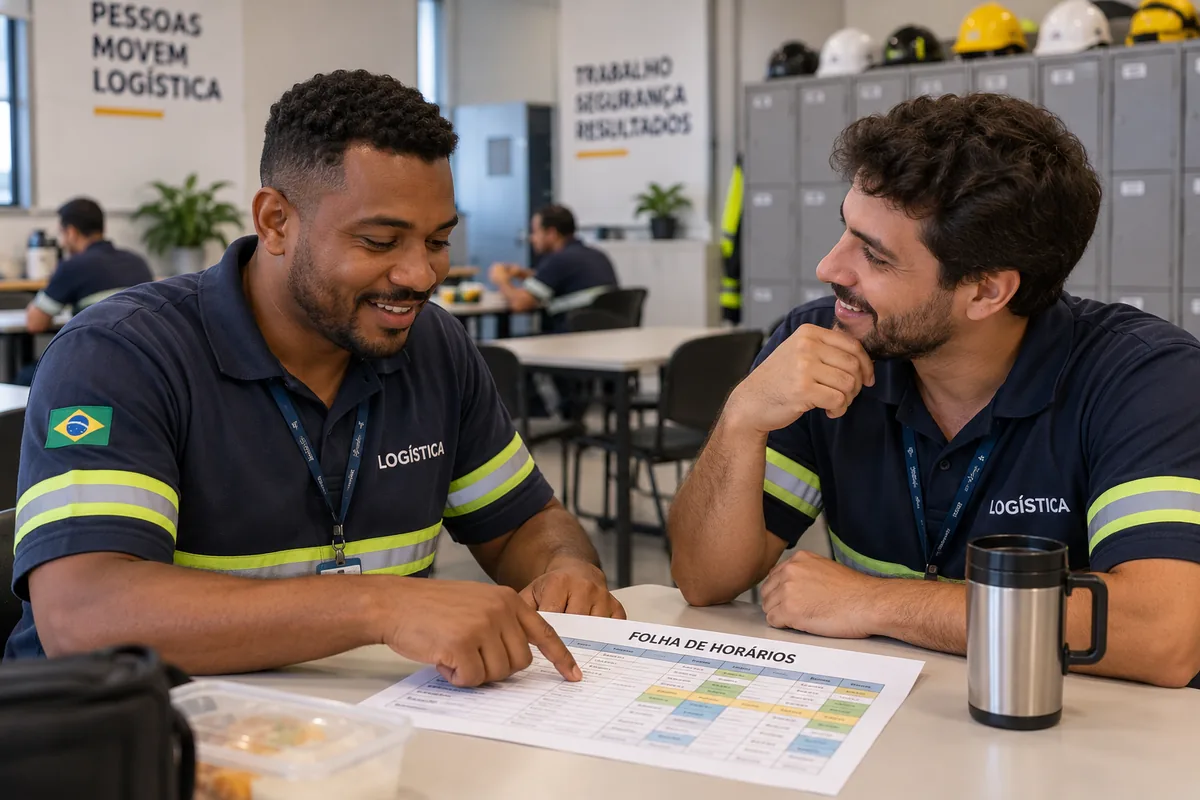 Dois trabalhadores de logística conferem uma folha de horários.