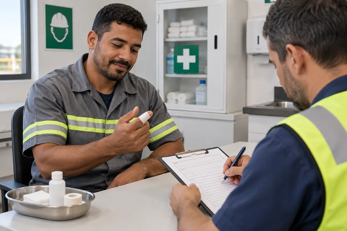 Trabalhador com curativo no dedo conversa com um colega que registra informações.