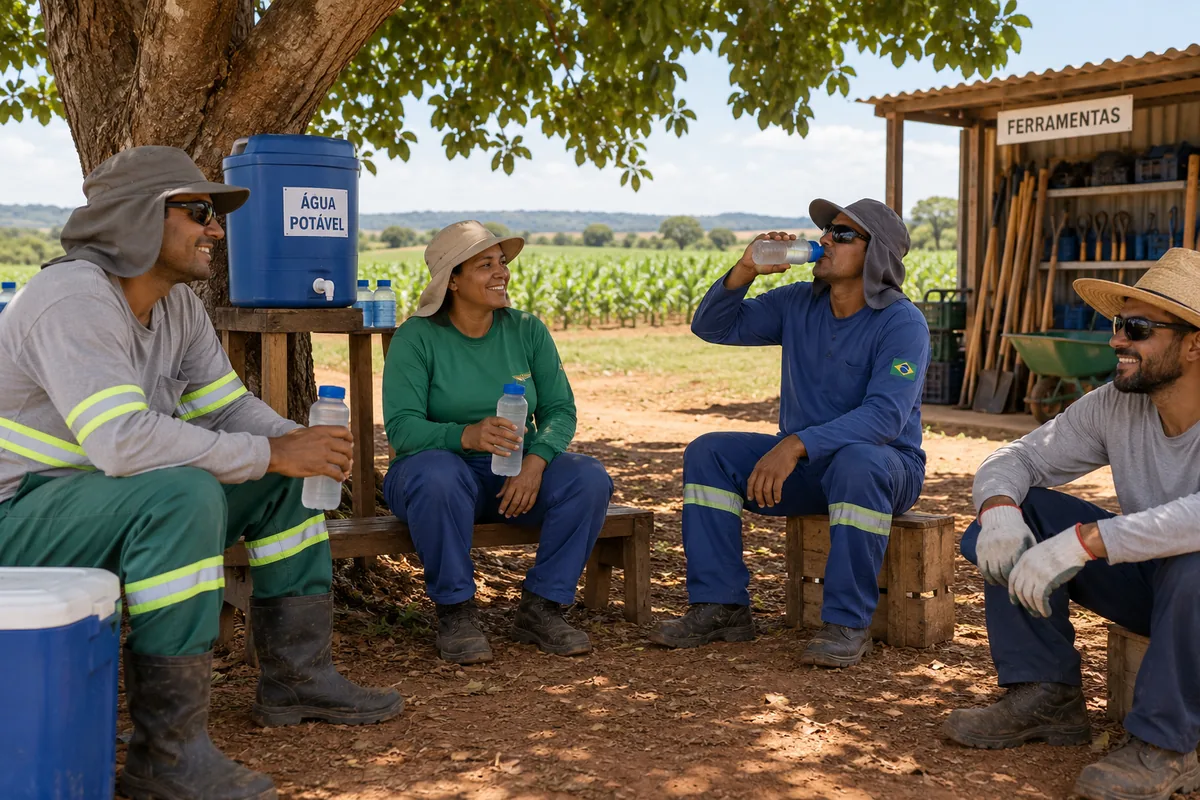 Trabalhadores rurais descansam e bebem água à sombra de uma árvore.
