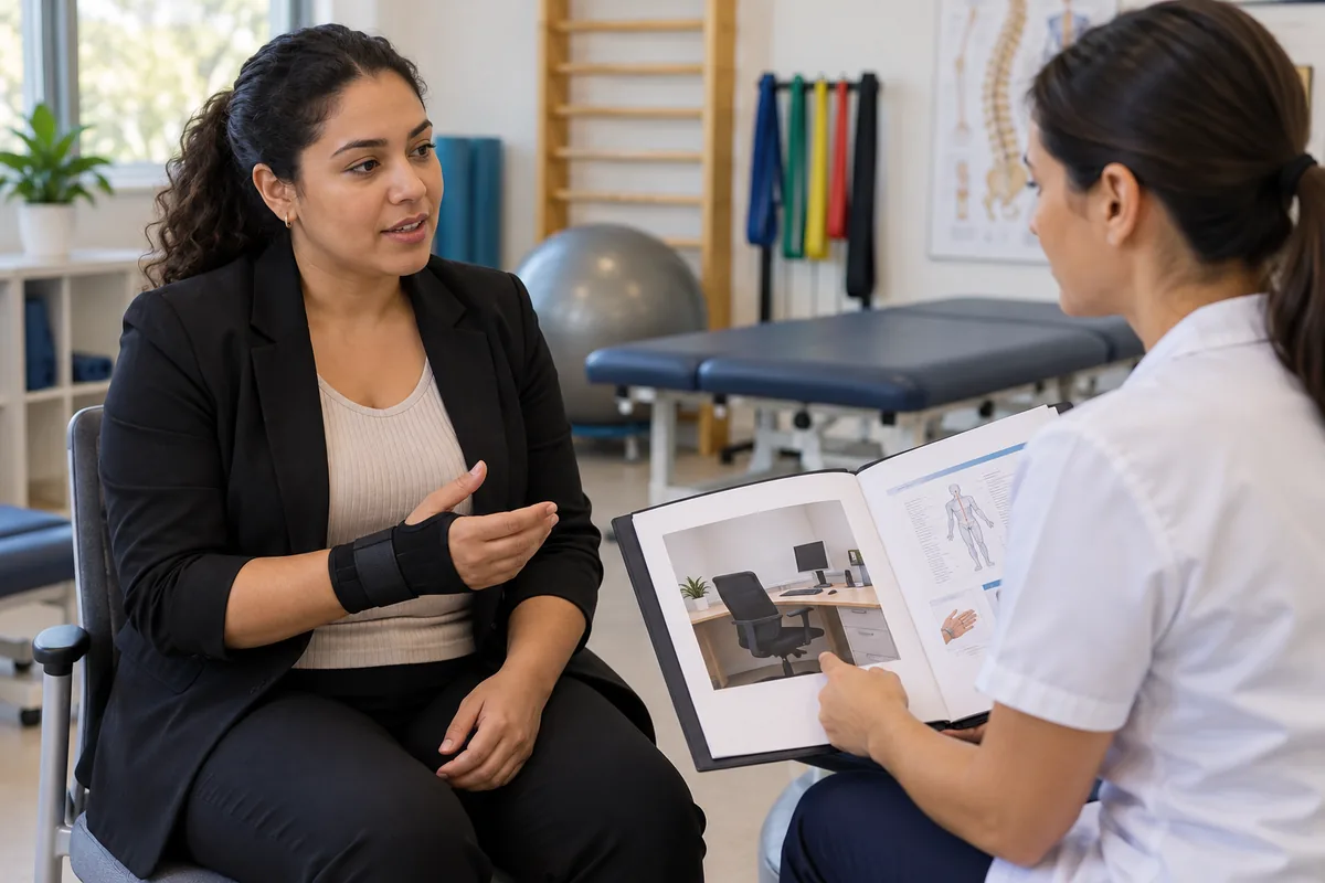 Mulher com suporte no punho conversa com profissional de saúde sobre documentos e imagem do posto de trabalho.
