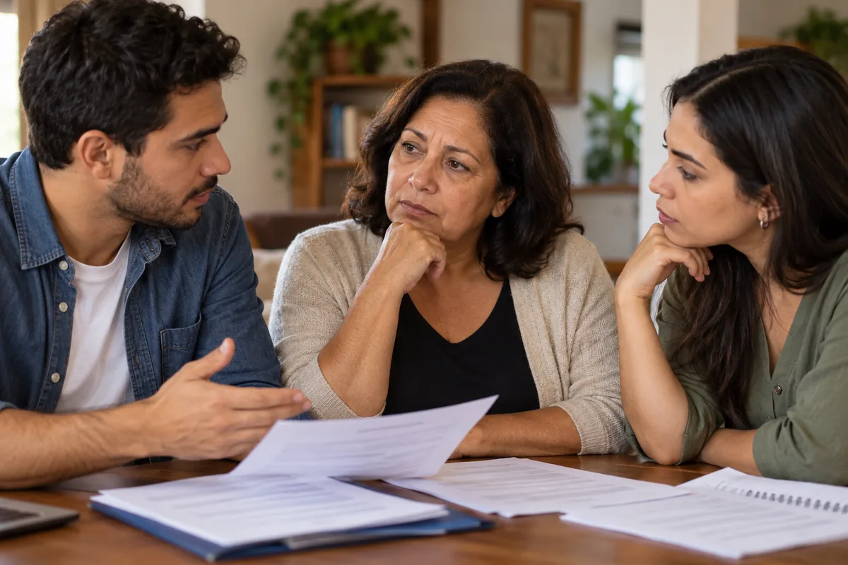 Três adultos de gerações diferentes conversam diante de documentos.