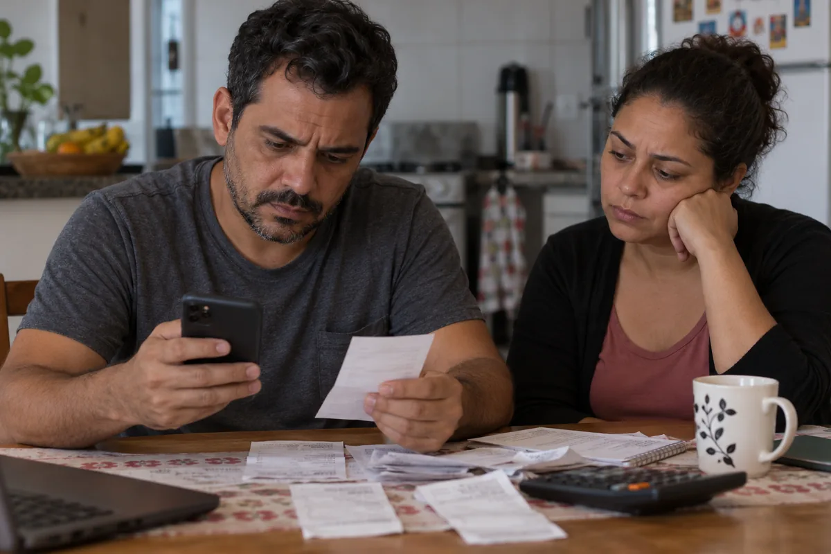 Homem e mulher comparam um documento impresso com informações no celular.