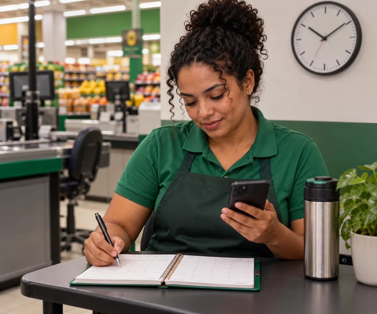 Trabalhadora de supermercado consulta o celular e anota informações em uma agenda.
