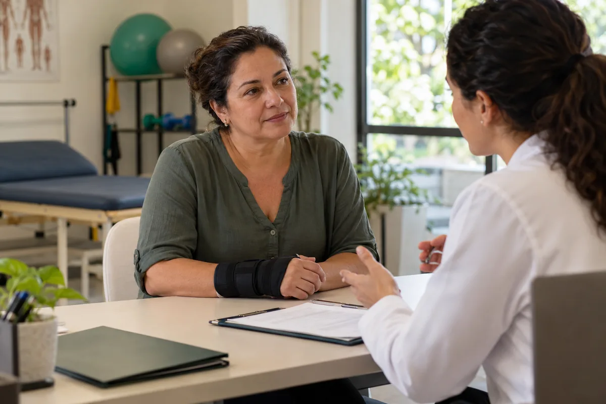 Mulher com suporte no punho conversa com profissional de saúde em consultório.