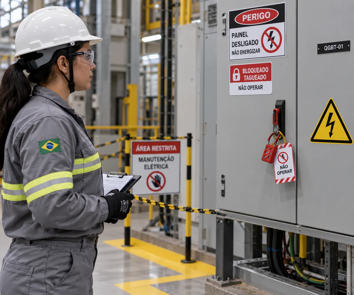 Profissional com equipamento de proteção observa um painel elétrico sinalizado.