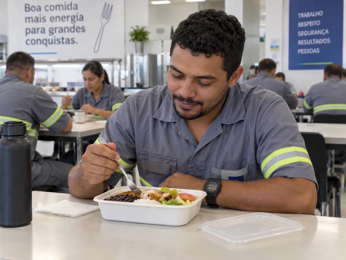 Trabalhador faz uma refeição durante uma pausa no refeitório.