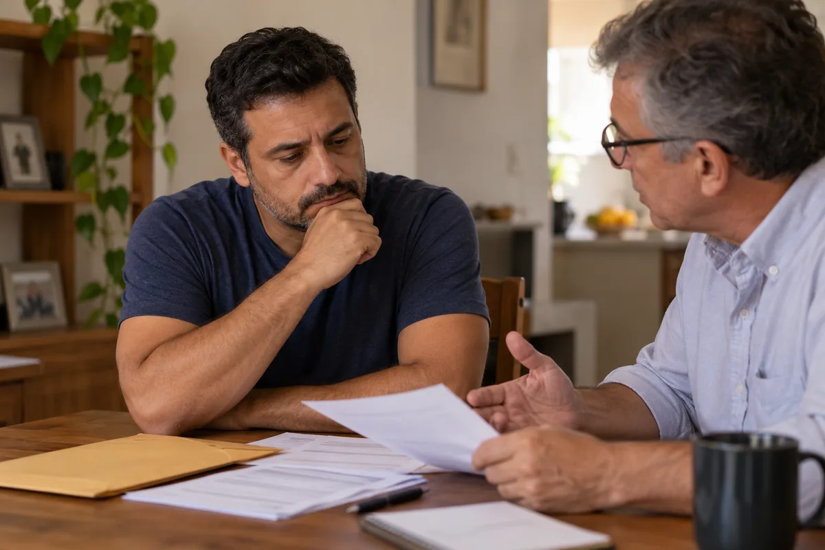 Dois homens conversam enquanto examinam documentos de trabalho.