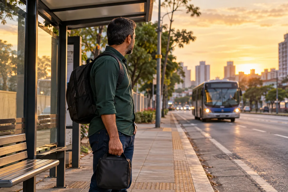 Trabalhador com mochila e bolsa aguarda em um ponto enquanto um ônibus se aproxima ao amanhecer.