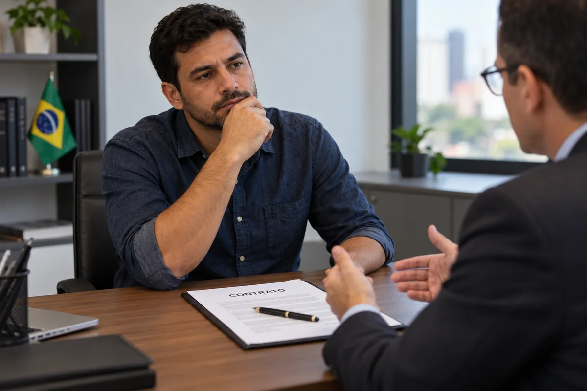 Homem recebe explicações durante uma conversa com documentos sobre a mesa.