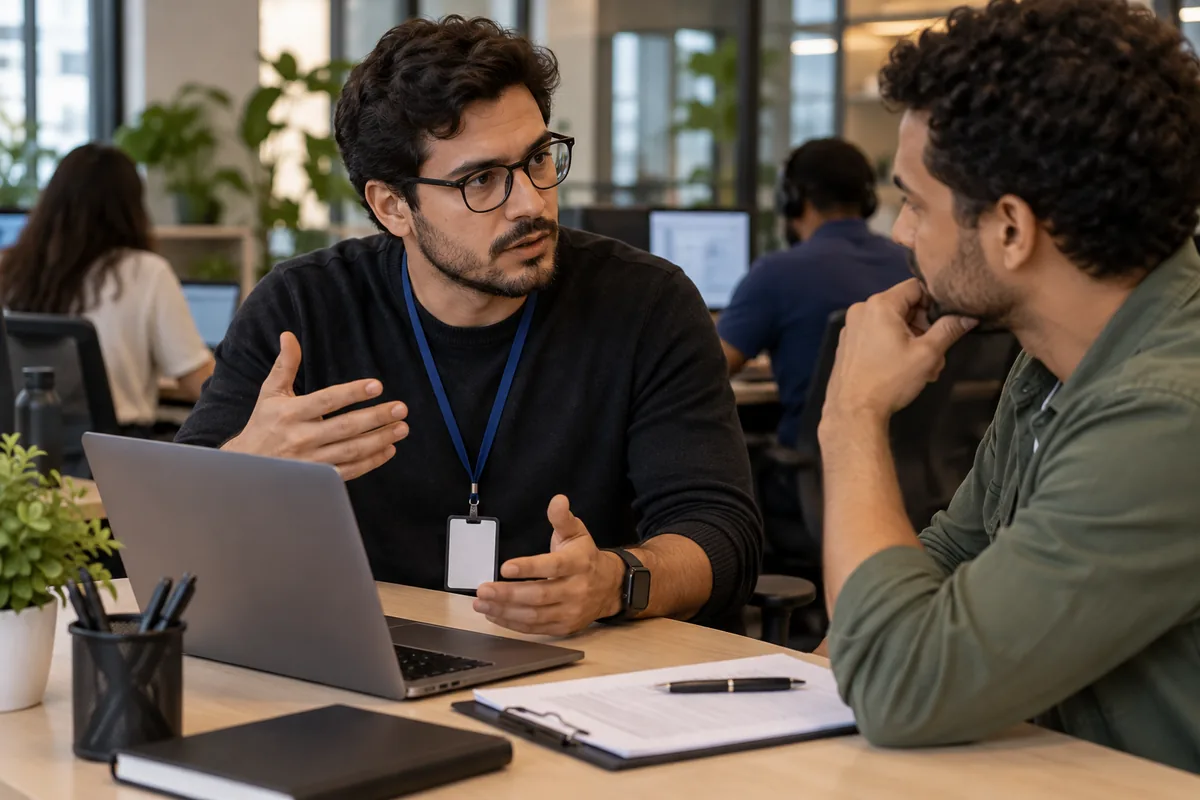 Dois profissionais conversam em uma mesa com computador e anotações.
