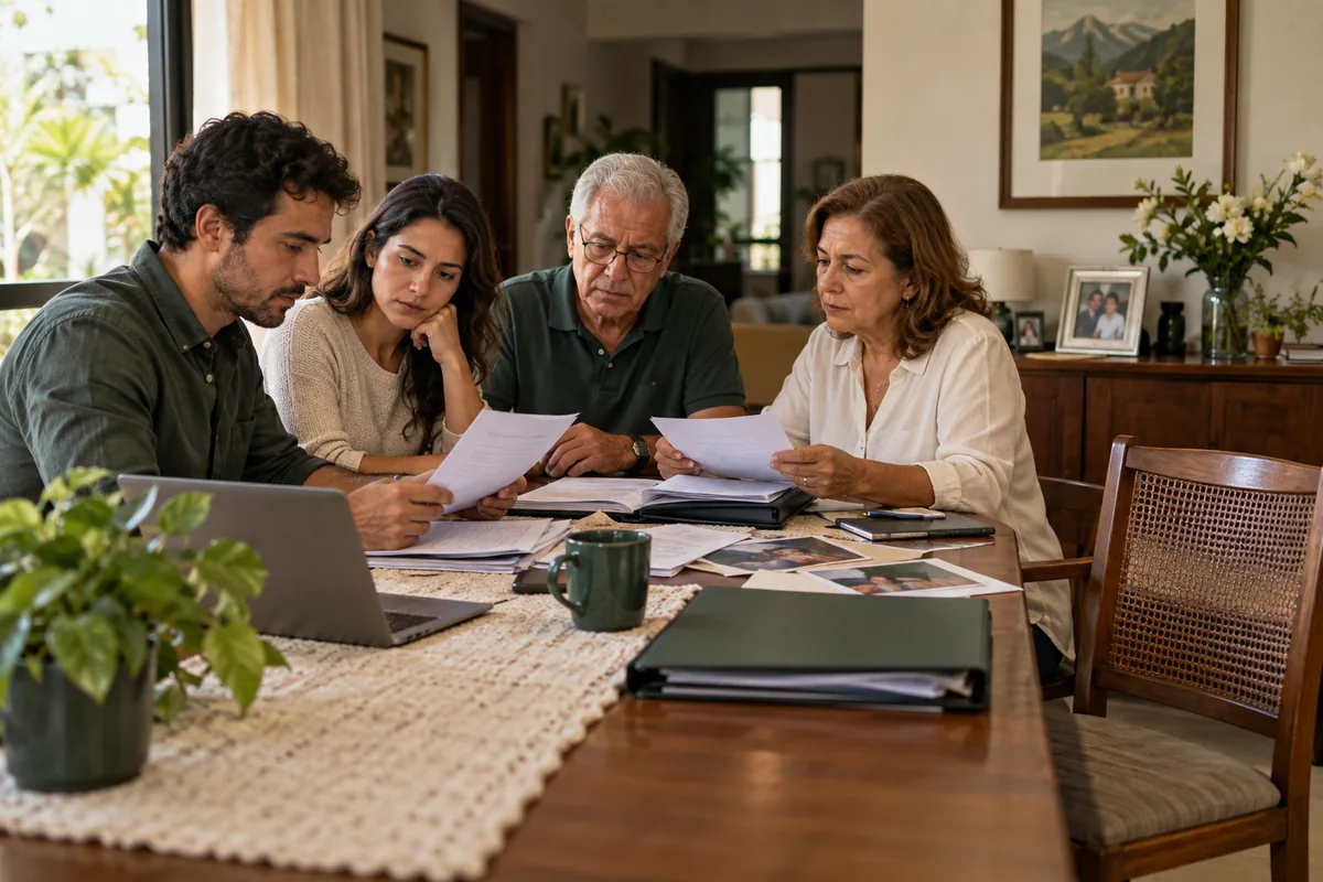 Quatro adultos de gerações diferentes examinam documentos juntos em casa.