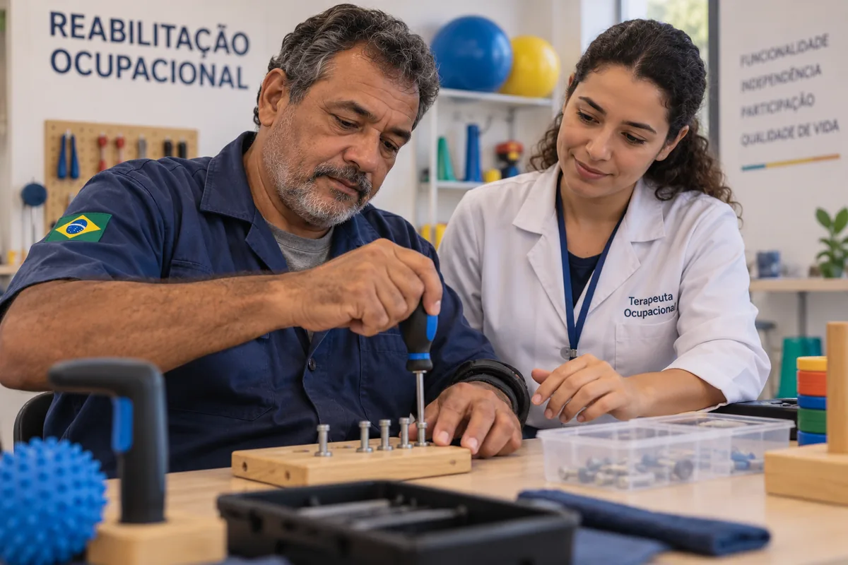 Trabalhador pratica uma tarefa manual com acompanhamento de terapeuta ocupacional.