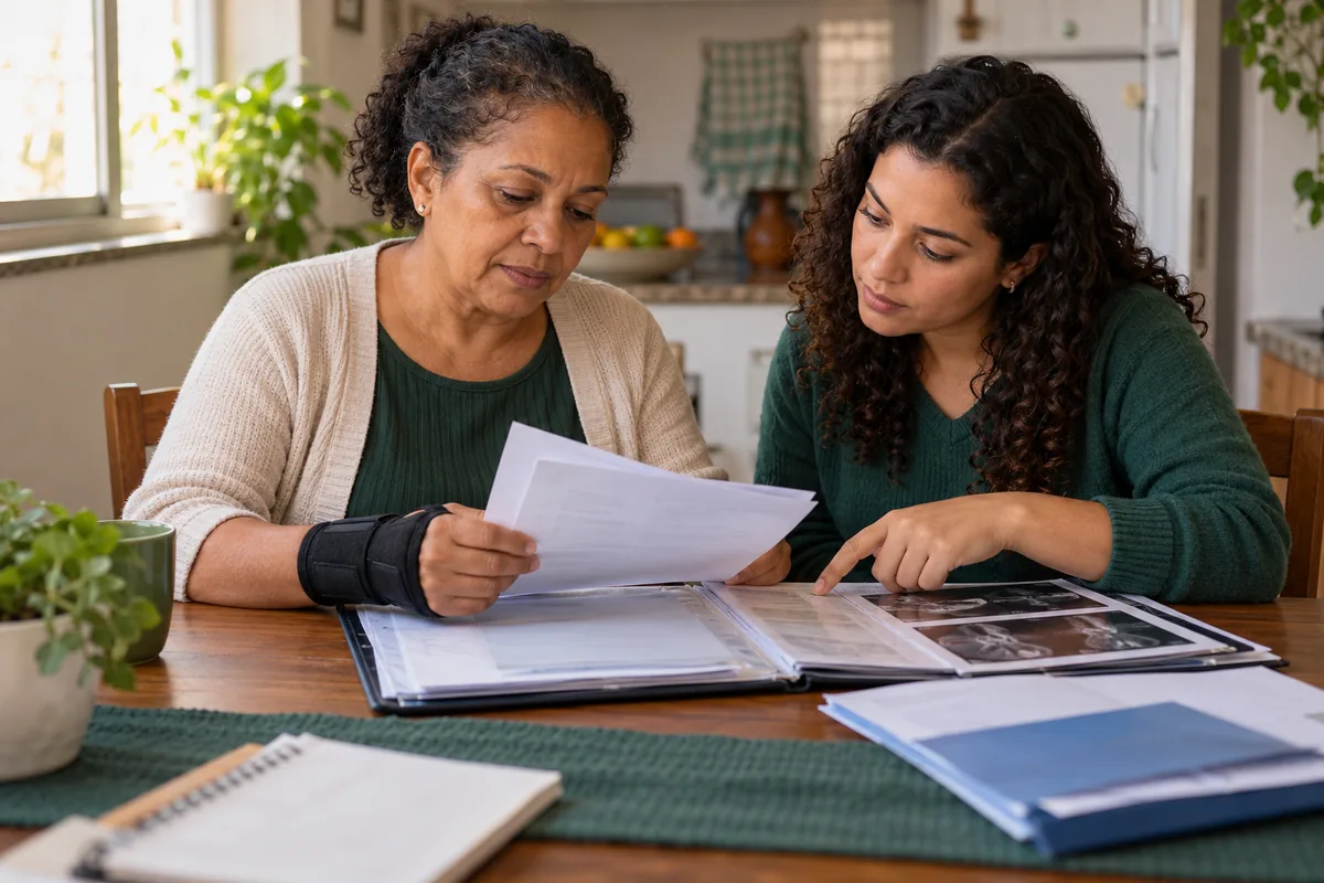 Duas mulheres organizam relatórios e exames em uma mesa.