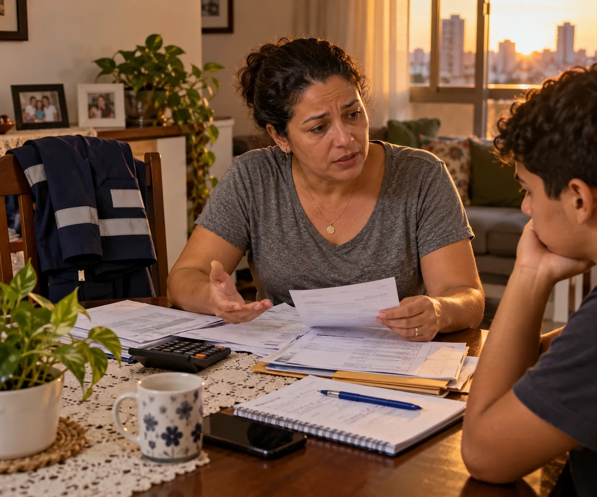Mulher conversa sobre documentos de trabalho à mesa de casa.