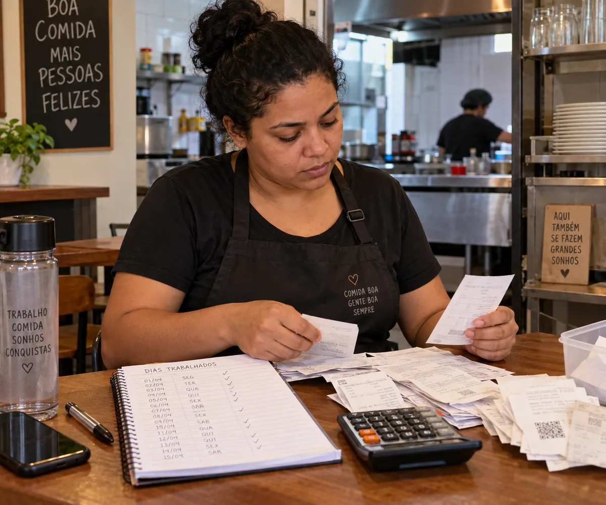Trabalhadora de restaurante organiza recibos e registros de dias trabalhados.