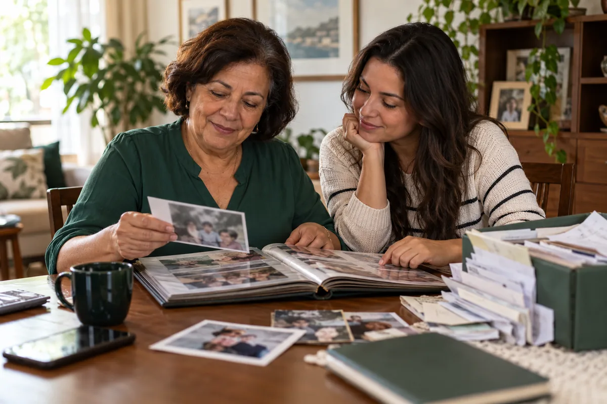 Duas mulheres organizam fotografias e documentos em uma mesa.