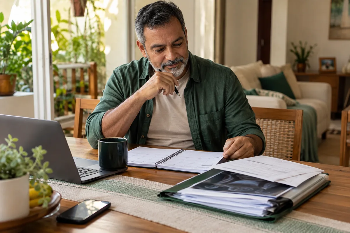 Homem organiza calendário, documentos e exames médicos à mesa de casa.